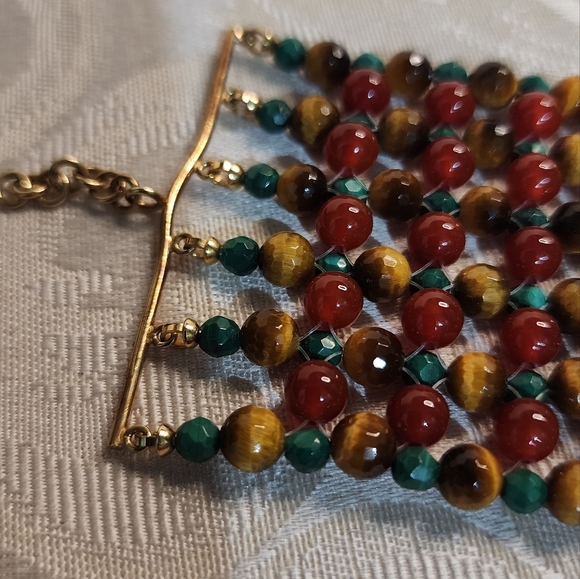 VINTAGE 1970s Natural Stone BRACELET – Vein Agate, Malachite, Tiger Eye - Picture 10 of 14